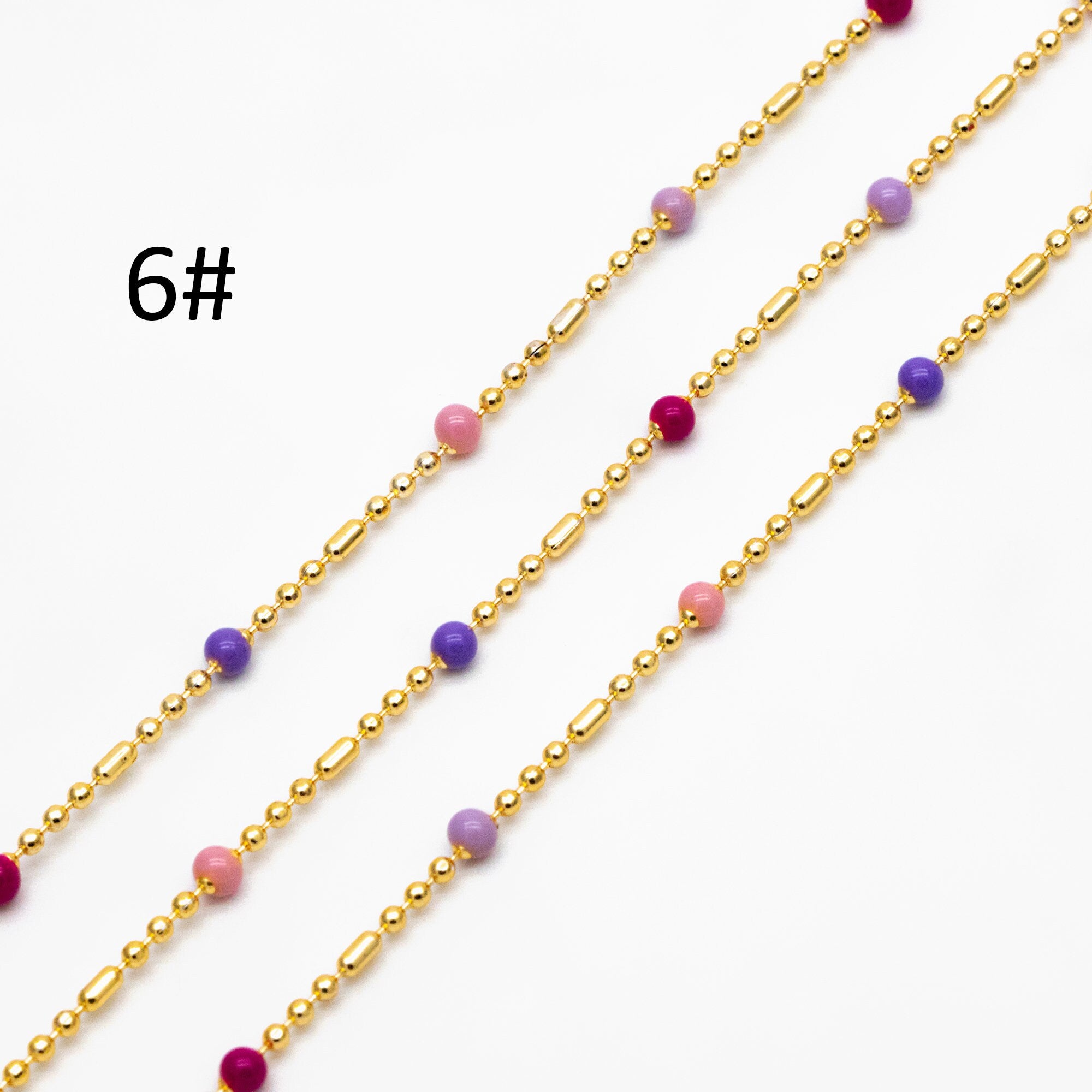 Mix Color Enamel Bead Chains: Gold Plated Brass Rainbow Chain, (#LK-579)/ 1 Meter